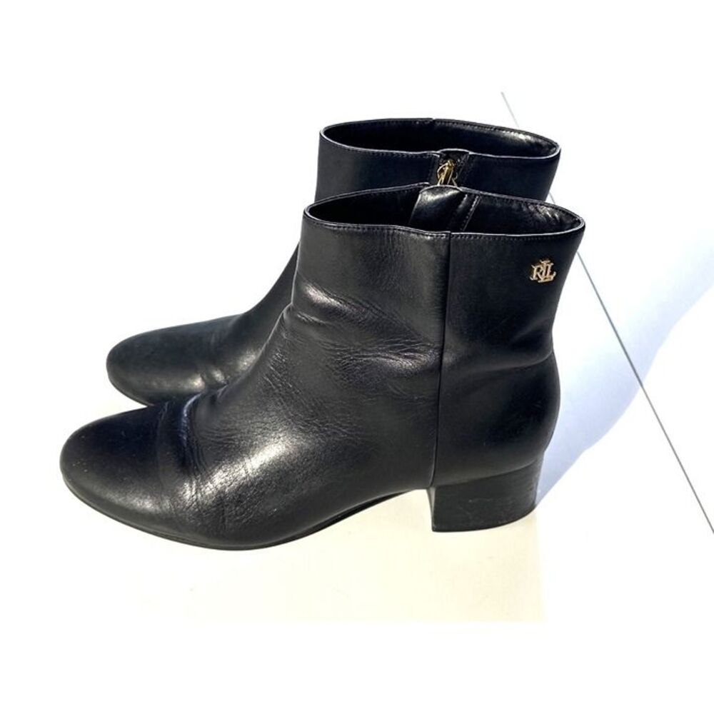 Ralph Lauren Black Leather Ankle Boots With Gold RL Logo & Side Zipper Closure -